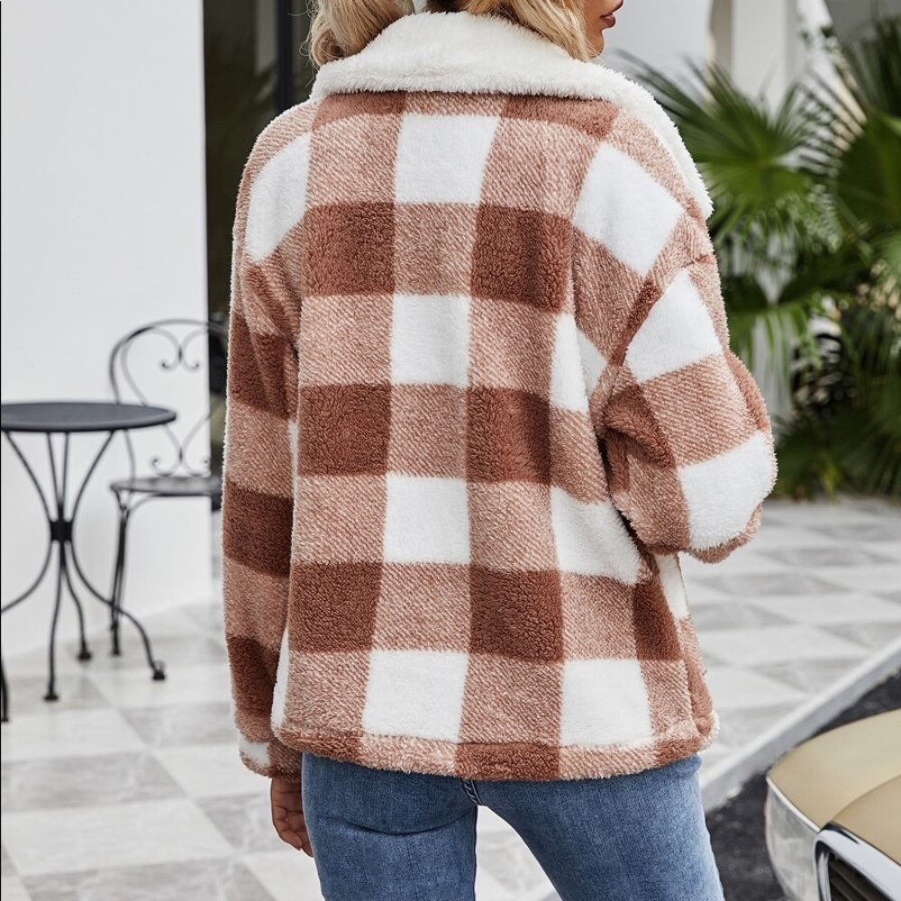 Brown white plaid collar pocket fall teddy coat - Picture 2 of 6